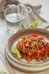 Glass noodles with vegetables. Chinese noodles with vegetables and drink. Noodles with oyster sauce