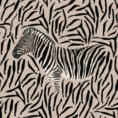 Fototapeta na wymiar Zebra skin, striped pattern. The animals are detailed and realistic textures. Brown background. Vector illustration