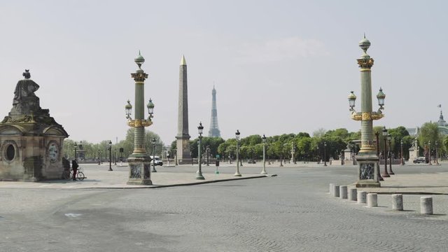 Paris, France / 04 13 2020 : Deserted Place Concorde during coronavirus / Covid19 lockdown in Paris, France 4K