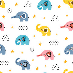 Little Cute Elephants Vector Seamless Pattern. Baby Elephant, Stars and Dots. Doodle Cartoon Animals. Colorful Background for Kids. Children's wallpaper 