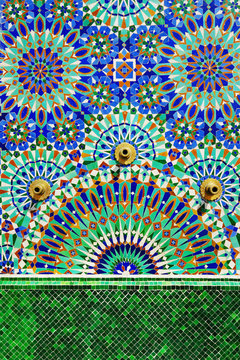 Moroccan style fountain with fine colorful mosaic tiles. Morocco, Casablanca