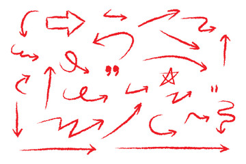 Handmade arrows sketch symbols set on a white background. red mark hand drawn doodle direction. vector illustration graphic design elements