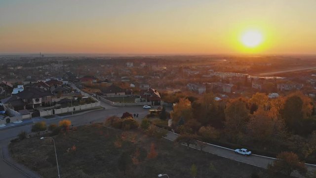 Uzhhorod Ukraine Europe aerial sunset of small cityscape old architecture houses
