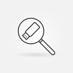 Magnifier with USB flash drive vector concept icon or symbol in outline style