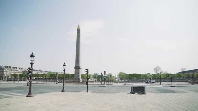 Paris, France / 04 13 2020: Deserted square Concorde during coronavirus / Covid19 lockdown in Paris, France 4K