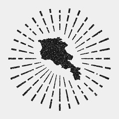 Vintage map of Armenia. Grunge sunburst around the country. Black Armenia shape with sun rays on white background. Vector illustration.