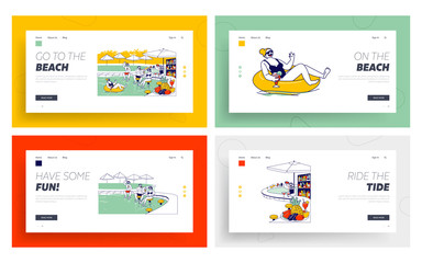 Pool Party Dance, Swim, Drink Landing Page Template Set. Characters. People in Swimming Pool with Parasols and Bar Have Fun Drinking Cocktails Eating Ice Cream. Linear People Vector Illustration