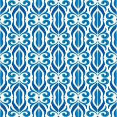 Hand drawn seamless pattern in ethnic style. Hand made texture background. Blue abstract elements isolated on white. Can be used for banner, card, fabric, invitation, textile, wallpapers, ceramics.