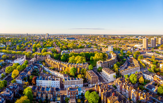 Aerial view of Royal Crescent in the morning, London, UK