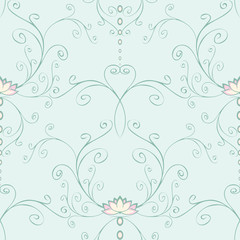 Fototapeta na wymiar Seamless vector pattern with lotus flower on light blue background. Calm floral wallpaper design with curved lines. Yoga meditation fashion textile.