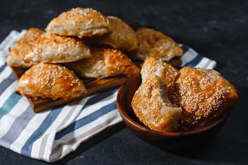 Asian cuisine. Homemade samsa with chicken, sesame and greens on a dark background. Top view side View. Space for text