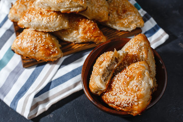 Asian cuisine. Homemade samsa with chicken, sesame and greens on a dark background. Top view side View. Space for text