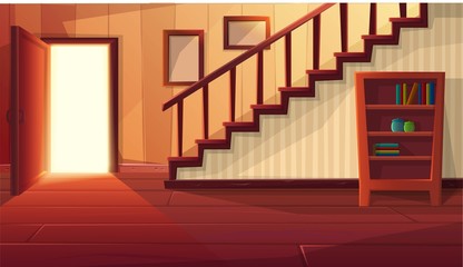 Vector cartoon style illustration of house interior. Entrance open door with stairs and rustic vintage furniture and wooden floor. 
