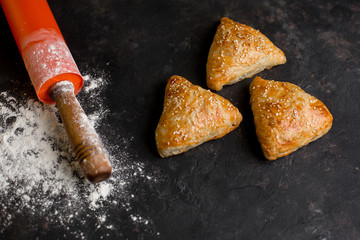 Asian cuisine. Homemade samsa with chicken, sesame and greens on a dark background. Top view side View. Space for text