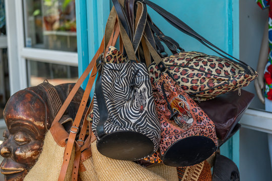 Africa styl souvenir Bags hanging at a shop in Diani Beach, Kenya