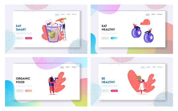 Diet Failure Landing Page Template Set. Characters Enjoying Unhealthy Junk Food. People Refuse Healthy Lifestyle Meals Prefer Eating Fat Food Throw Healthy Meal to Basket. Cartoon Vector Illustration