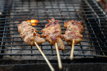 grilled meat, pork on skewers, traditional Thai street food on the streets of Phuket and Pattaya. close up