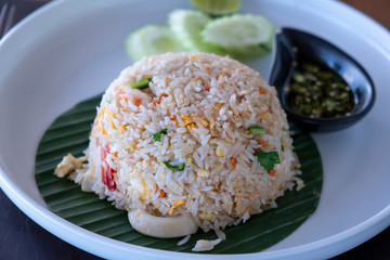 Asian food , Shrimp fried rice with vegetable on white plate. Thai street food.