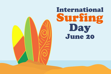 International Surfing Day. June 20. Holiday concept. Template for background, banner, card, poster with text inscription. Vector EPS10 illustration.