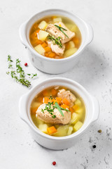 Fish chowder soup. Selective focus, copy space.