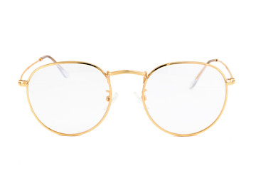 Street style reading glasses with clear lens and gold wrap around oval frames, isolated on white background, front view.
