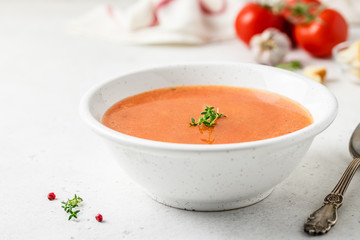 Creamy tomato soup. Selective focus, copy spce.