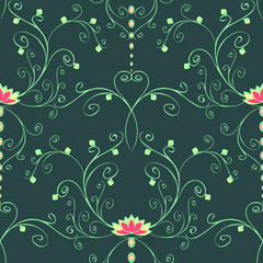 Seamless vector pattern with lotus flower on teal green background. Beautiful relaxing floral wallpaper design. Yoga zen fabric textile fashion.