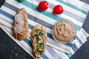 Fresh homemade chicken liver pate with herbs. Bread bruschetta with liver pate with onion, cucumber and radish. Top view, side view on a dark background. space for text.