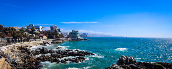 Vina Del Mar, Chile - March 09, 2020:  Luxury Hotels and Resorts on the Beautiful Pacific Ocean...