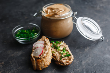 Fresh homemade chicken liver pate with herbs. Bread bruschetta with liver pate with onion, cucumber and radish. Top view, side view on a dark background. space for text.