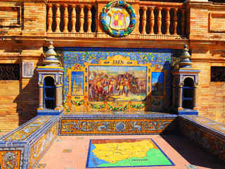 Jaen ceramic bench in The Plaza de España (Spain Square) in Seville, Spain. There are one bench...