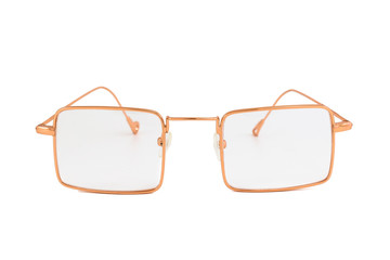 Street style reading glasses with clear lens and gold wrap around rectangular frames, isolated on white background, front view.