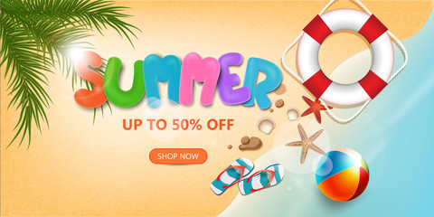 Summer sale text and beach holidays elements promotion  shopping,Summer promo web banner template background vector 3D style