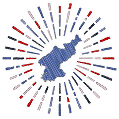 Sketch map of North Korea. Sunburst around the country in flag colors. Hand drawn North Korea shape with sun rays on white background. Vector illustration.