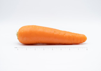 A carrot from market on white background with ruler scale. It is an ingredient for savoury, dessert, beverage. Salad, soup, cake, smoothie and many dish that can made by carrot and good for health.
