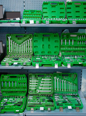 Toolbox with ratchet heads in tool store closeup