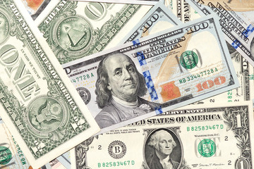 Various American dollar bills close-up.