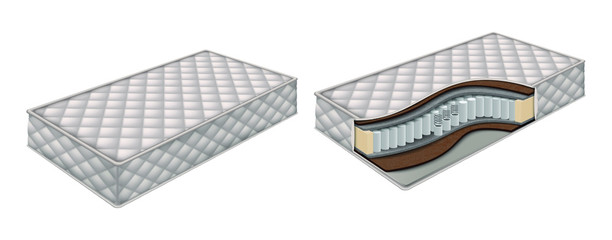 3d realistic vector orthopedic mattress and mattress structure cut out with layers view. Isolated vector illustration.