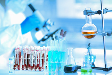 Image LAB  of Coronavirus covid-19 sample test with microscope by biochemical  and  blood sample test in pharmaceutical research laboratory for vaccine  to protect coronavirus covidLaboratory research