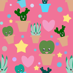 Cute potted cactus, Doodle cartoon Seamless pattern.