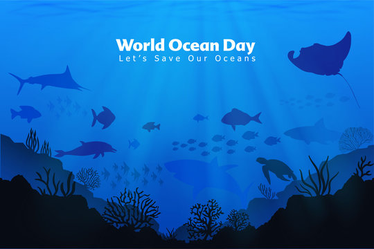 Let's save our oceans. World oceans day design with underwater ocean, dolphin, shark, coral, sea plants, stingray and turtle.