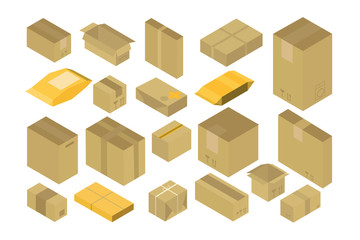 Isometric style icon.Set parcels different on size.Isometric illustration of 20  packaging box isolated on a white background.