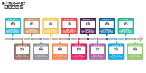 Timeline Infographic chart with many color. Vector design template. 14 options. - obrazy, fototapety, plakaty