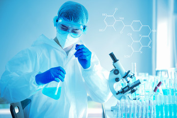Image LAB  of Coronavirus covid-19 sample test with microscope by biochemical  and  blood sample...