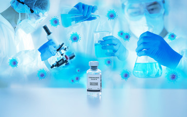 Image LAB  of Coronavirus covid-19 sample test with microscope by biochemical team  and  blood sample test in pharmaceutical research laboratory for vaccine  to protect coronavirus covid-19 spreading.