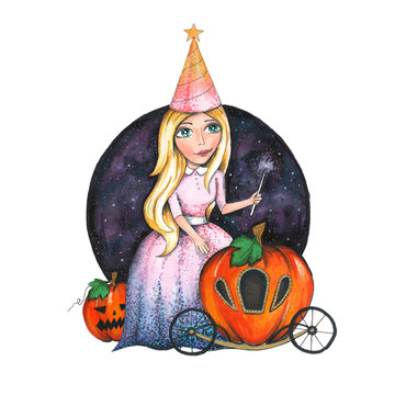 Hand drawn watercolor artwork. Painted aquarelle picture. Artist painting. Fairy Princess Cinderella in a pink dress and a cap on her head with a pumpkin carriage.