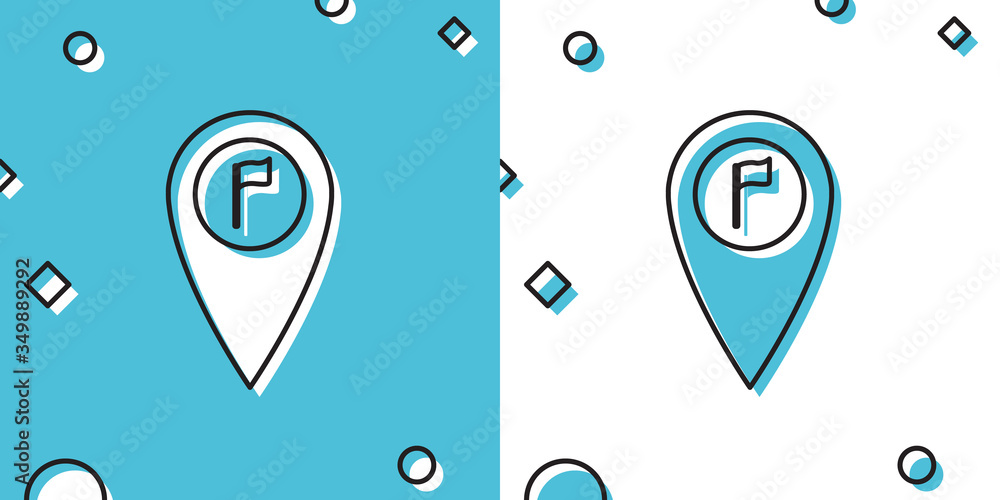 Poster black map pointer with golf flag icon isolated on blue and white background. location marker symbol.