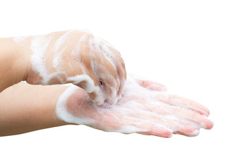 Hands washing soap foam isolated on white background with clipping path,Prevent germs, bacteria or viruses.