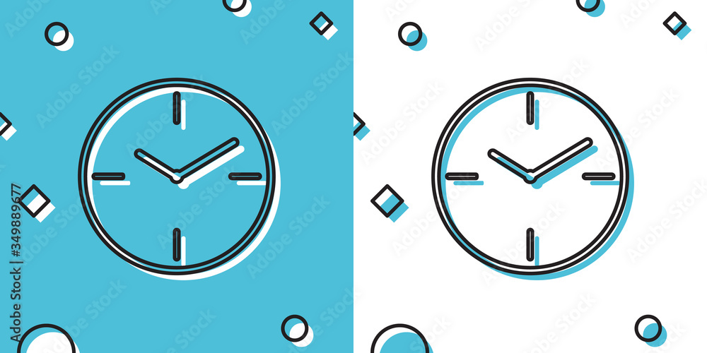 Poster black clock icon isolated on blue and white background. time symbol. random dynamic shapes. vector i