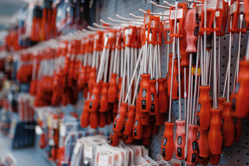 Screwdrivers on racks closeup, tool store, nobody